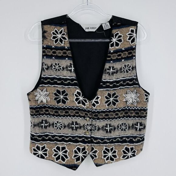 Vintage Jane Ashley Vest Wool Woven Knit Cotton Lined Floral Embroidery Size M - Picture 2 of 10